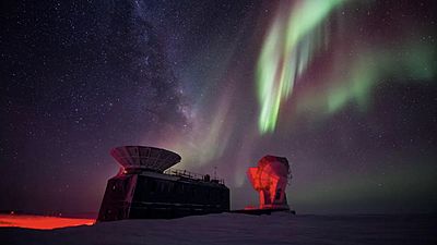 The South Pole Telescope, located in Antarctica, was designed at the University of Chicago and scans the skies for clues about the origins of the universe. Photo by Zach Tejral