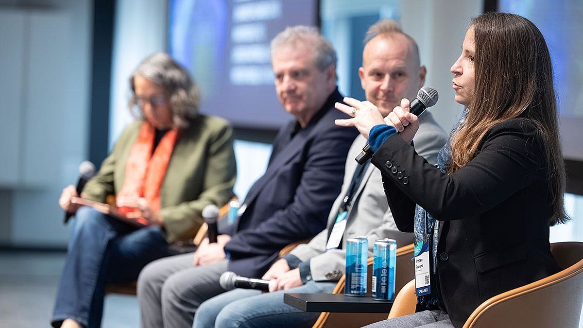 Corporate panelists speak about bridging computing platforms. From left to right: Mandy Birch, of TreQ; Lorenzo Martinelli, of D-Wave Quantum; Johannes Pollanen, of EeroQ; and Kristen Pudenz, of Atom Computing. Photo by Anne Ryan